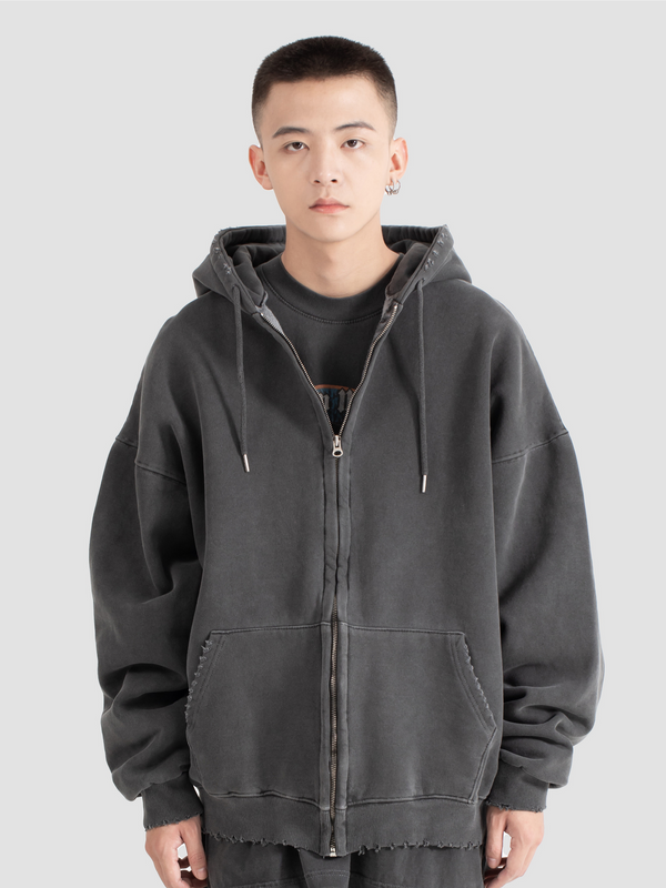 Korean Distressed Zip Hoodie