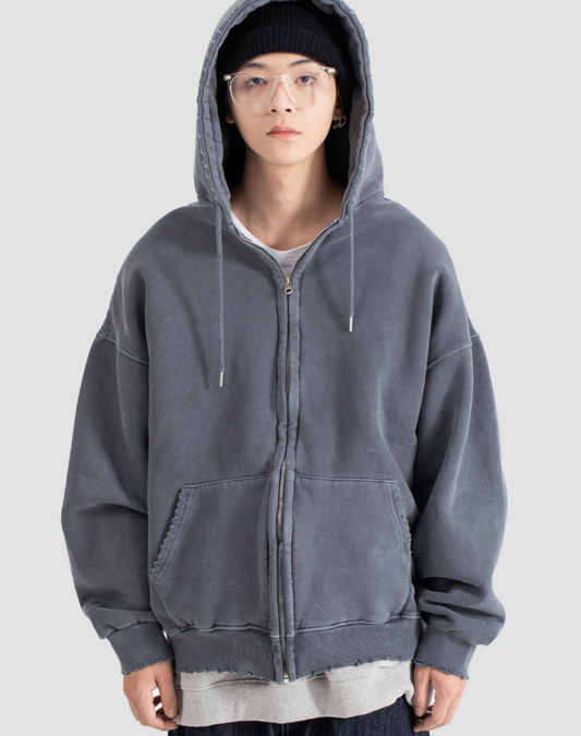 Korean Distressed Zip Hoodie