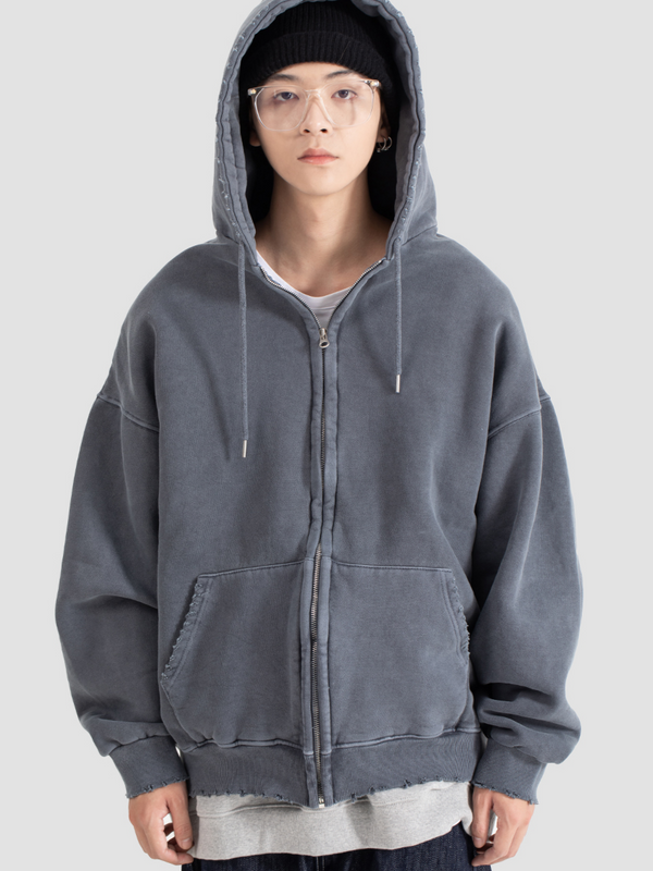 Korean Distressed Zip Hoodie