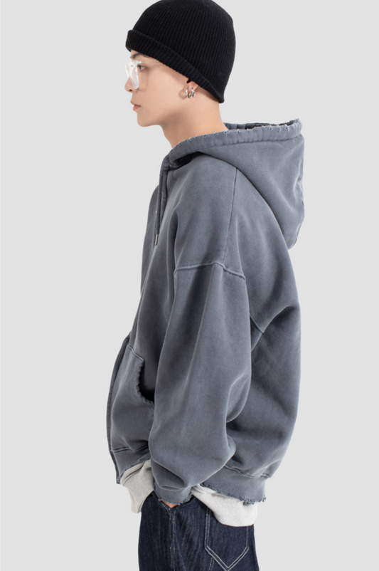 Korean Distressed Zip Hoodie