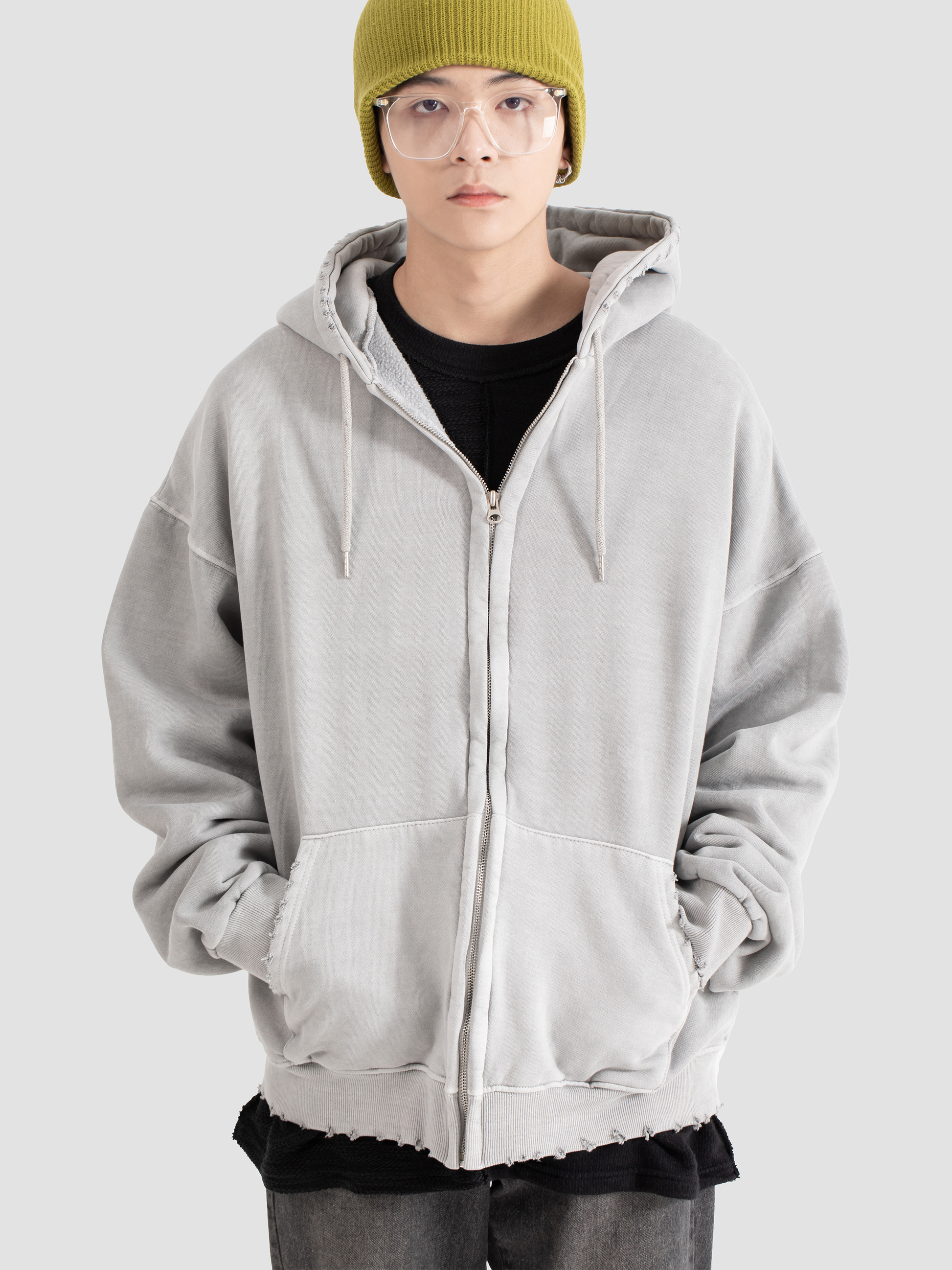 Korean Distressed Zip Hoodie