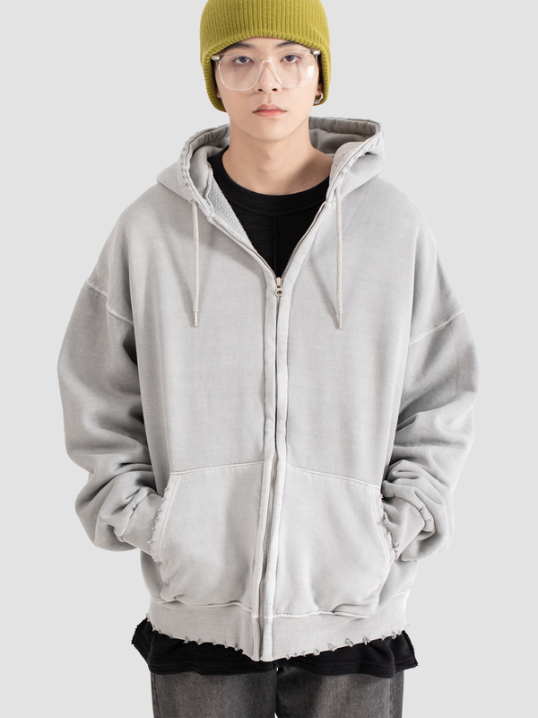 Korean Distressed Zip Hoodie