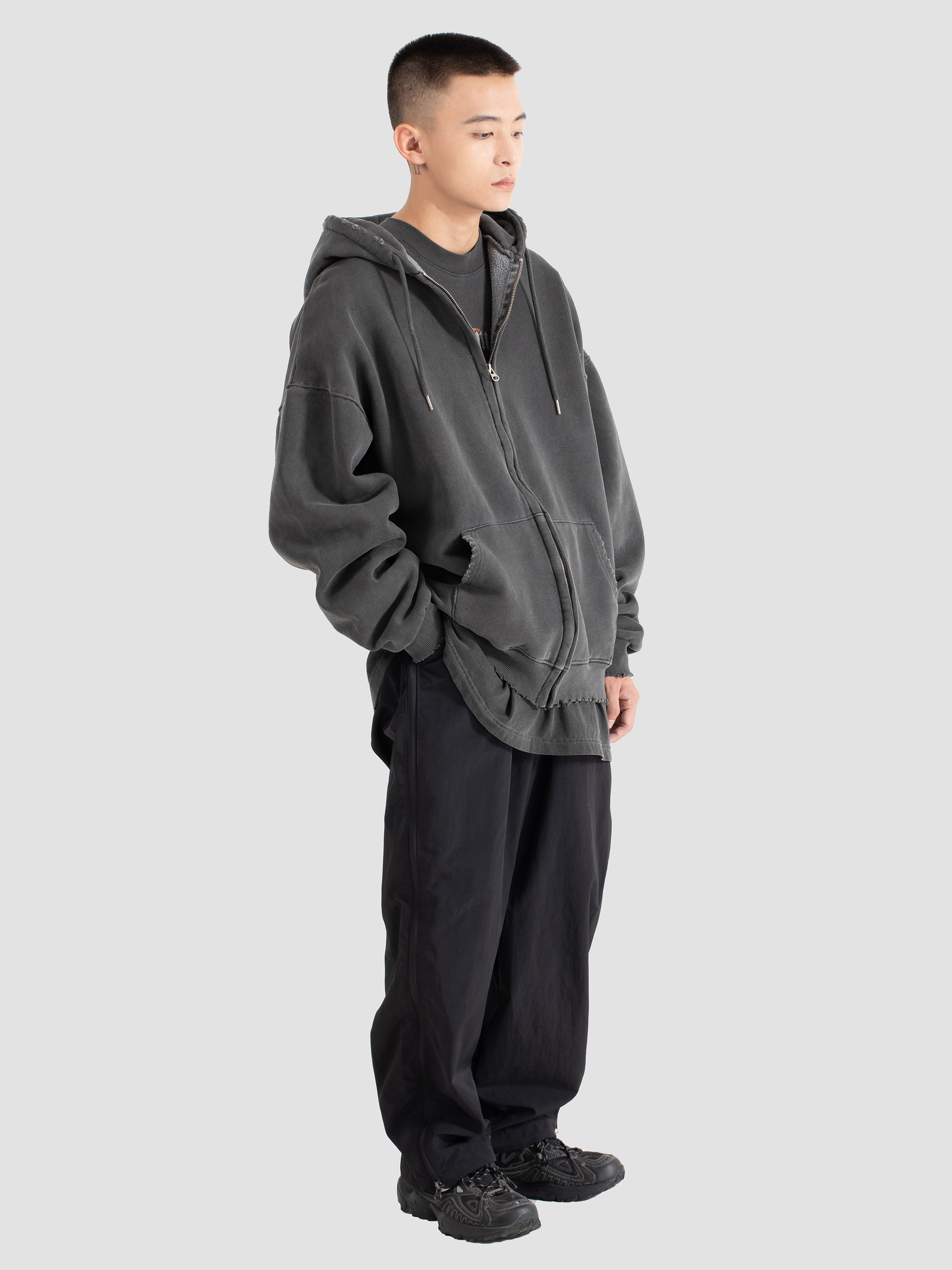 Korean Distressed Zip Hoodie